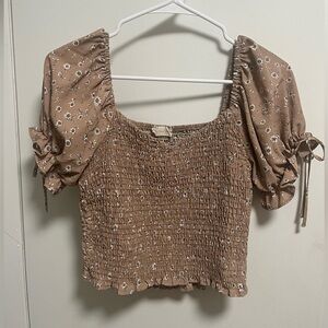 Altar'd State Tan Floral Smocked Puff-Sleeve Crop Top